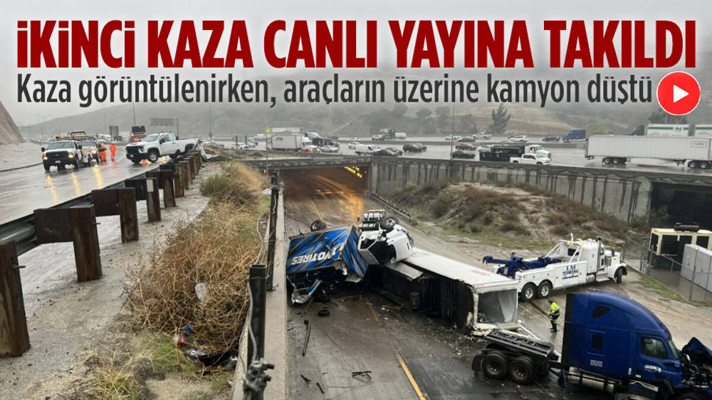 Kaza yapan araçların üzerine kamyon düştü