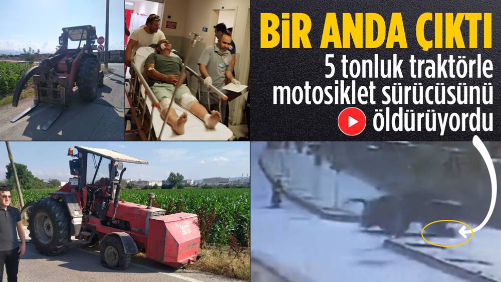 5 tonluk traktör, motosikletlinin üzerinden böyle geçti