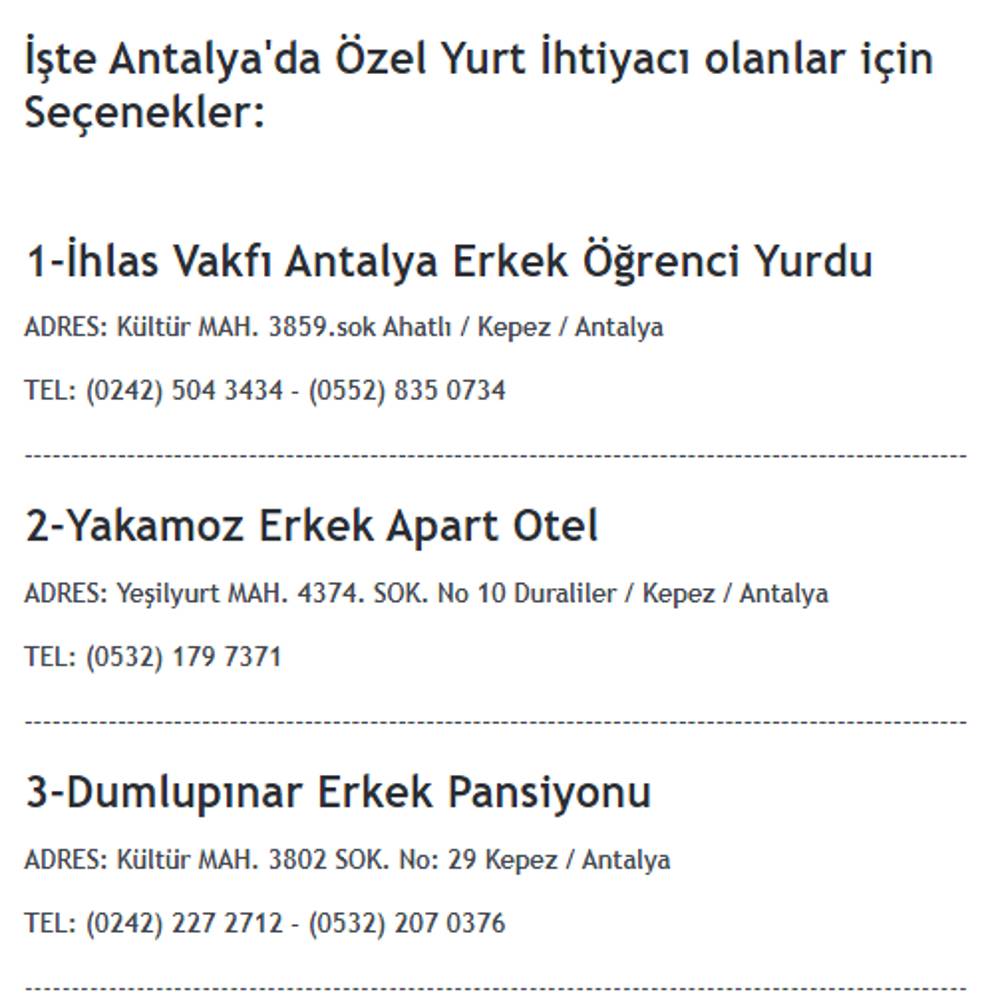 ANTALYA'DAKİ ÖZEL YURTLAR - Türkiye'deki Tüm Özel Yurtların İletişim ...