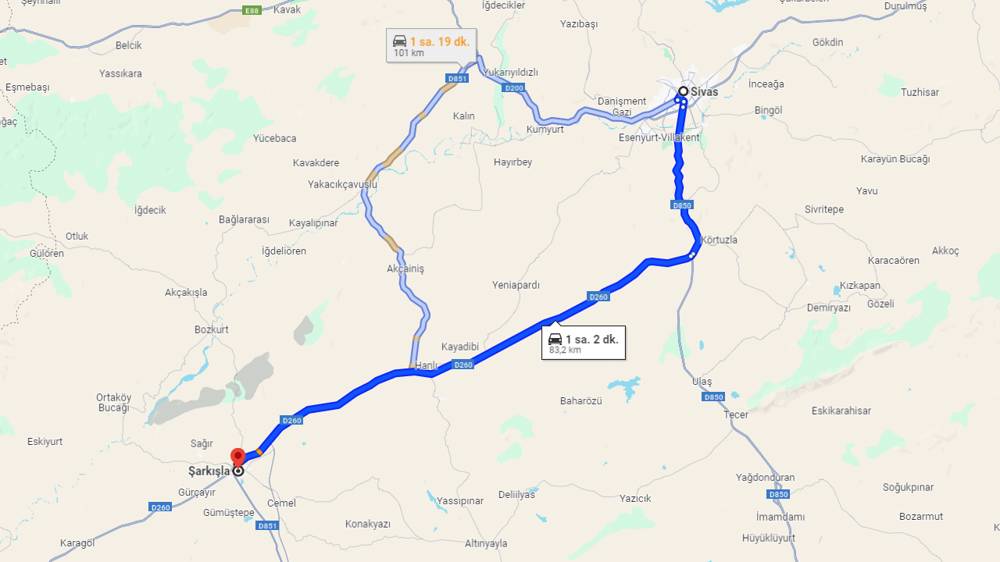 Sivas Şarkışla arası kaç km? Şarkışla Sivas arası kaç saat?   