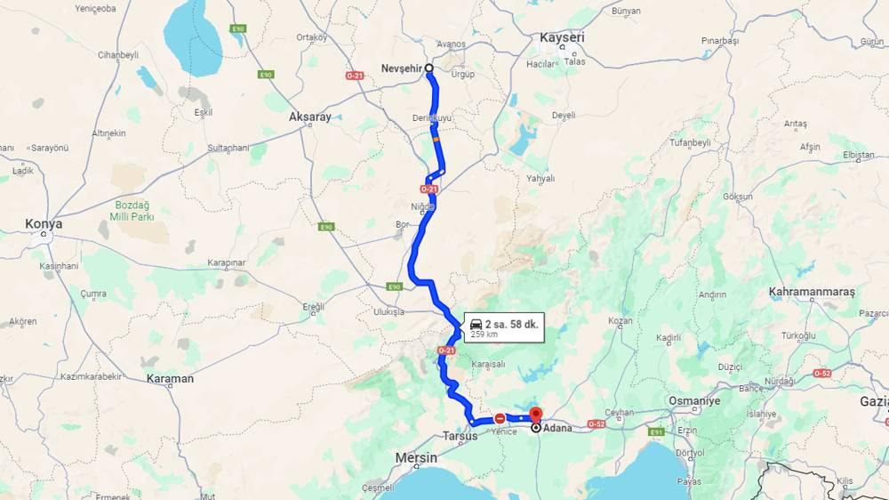 Nevşehir Adana arası kaç km? Adana Nevşehir arası kaç saat?   