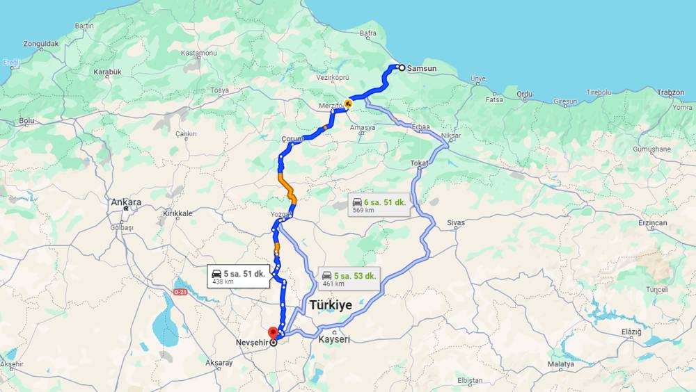 Samsun Nevşehir arası kaç km? Nevşehir Samsun arası kaç saat?   