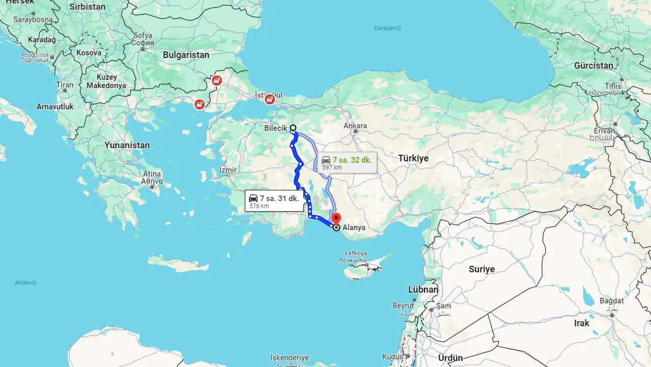 Bilecik Alanya arası kaç km? Alanya Bilecik arası kaç saat?