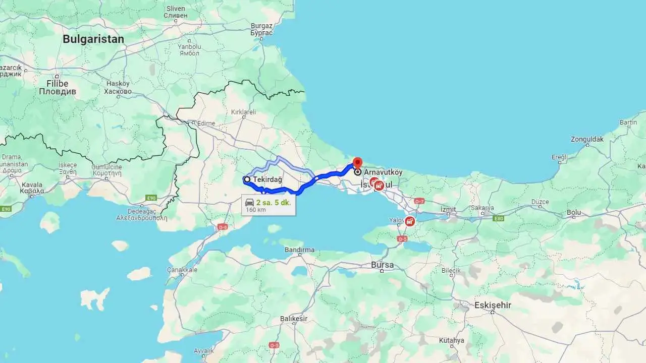 Tekirdağ Arnavutköy arası kaç km? Arnavutköy Tekirdağ arası kaç saat?