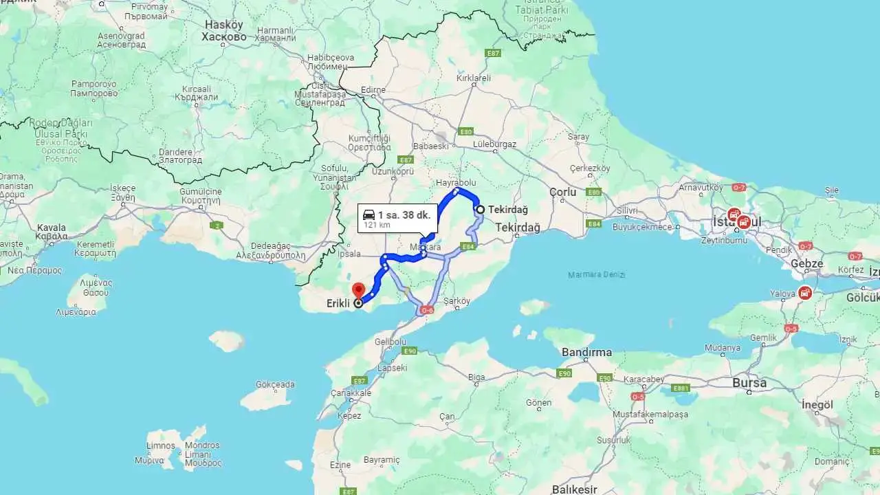 Tekirdağ Erikli arası kaç km? Erikli Tekirdağ arası kaç saat?