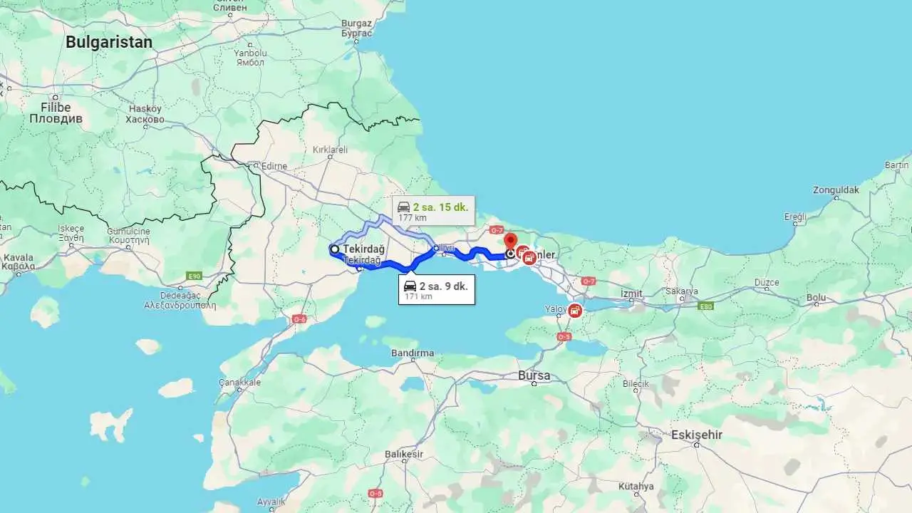 Tekirdağ Esenler arası kaç km? Esenler Tekirdağ arası kaç saat?