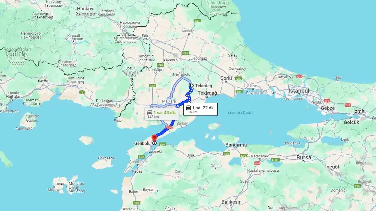 Tekirdağ Gelibolu arası kaç km? Gelibolu Tekirdağ arası kaç saat?