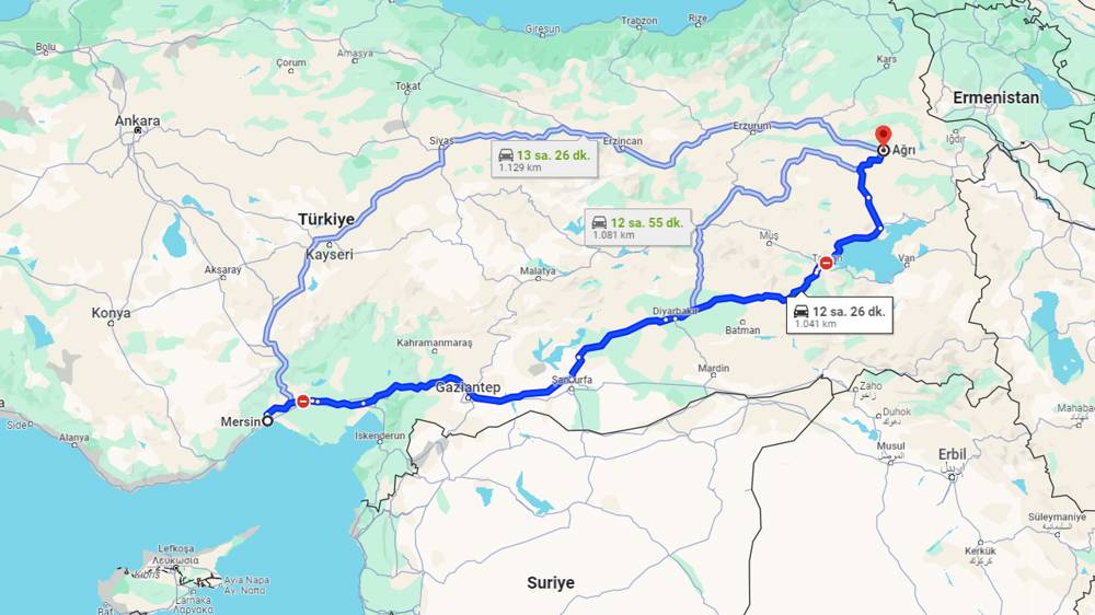 Mersin Ağrı arası kaç km? Ağrı Mersin arası kaç saat?