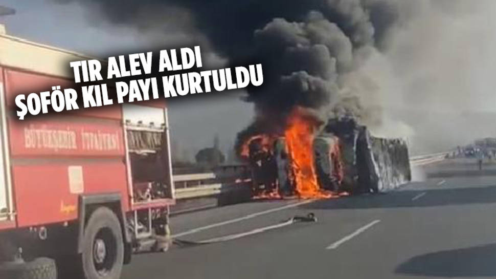 Devrilen TIR yandı şoför kendi imkanları ile çıktı