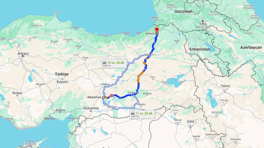 Adıyaman Artvin arası kaç km? Artvin Adıyaman arası kaç saat?