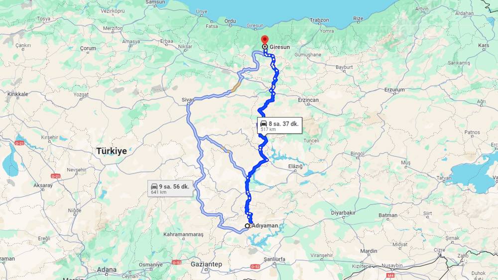 Adıyaman Giresun arası kaç km? Giresun Adıyaman arası kaç saat?