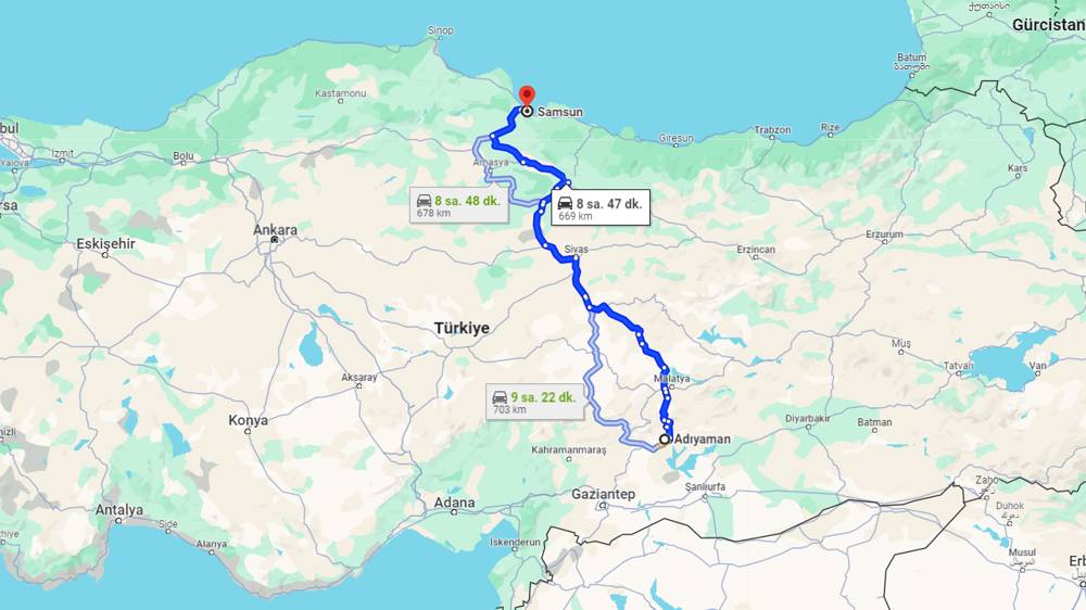 Adıyaman Samsun arası kaç km? Samsun Adıyaman arası kaç saat?