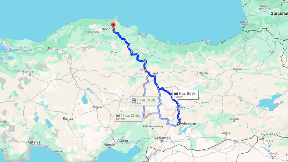 Adıyaman Sinop arası kaç km? Sinop Adıyaman arası kaç saat?