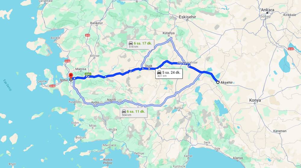 Akşehir İzmir arası kaç km? İzmir Akşehir arası kaç saat?