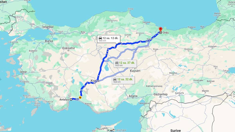 Antalya Ordu arası kaç km? Ordu Antalya arası kaç saat?