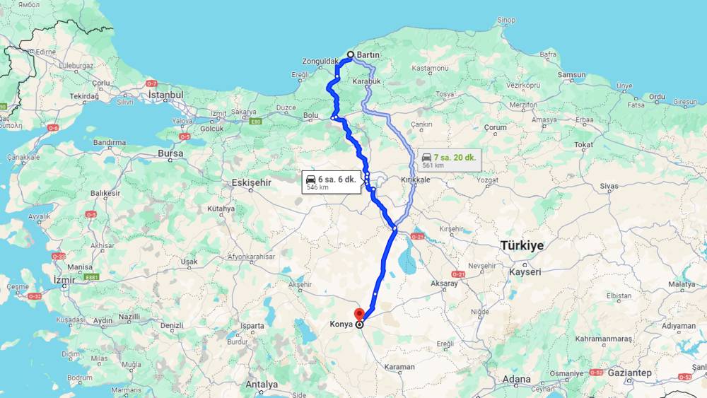 Bartın Konya arası kaç km? Konya Bartın arası kaç saat?