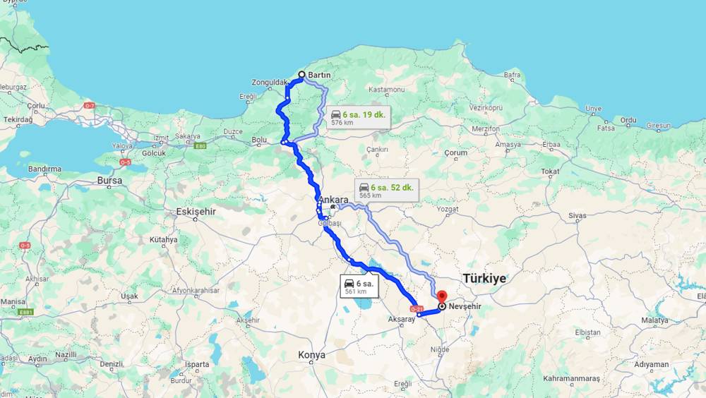 Bartın Nevşehir arası kaç km? Nevşehir Bartın arası kaç saat?