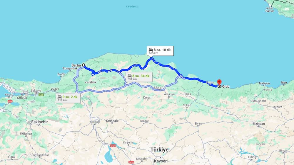 Bartın Ordu arası kaç km? Ordu Bartın arası kaç saat?