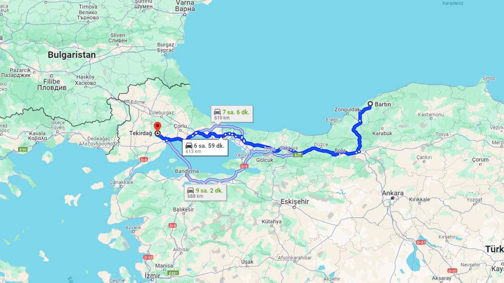 Bartın Tekirdağ arası kaç km? Tekirdağ Bartın arası kaç saat?