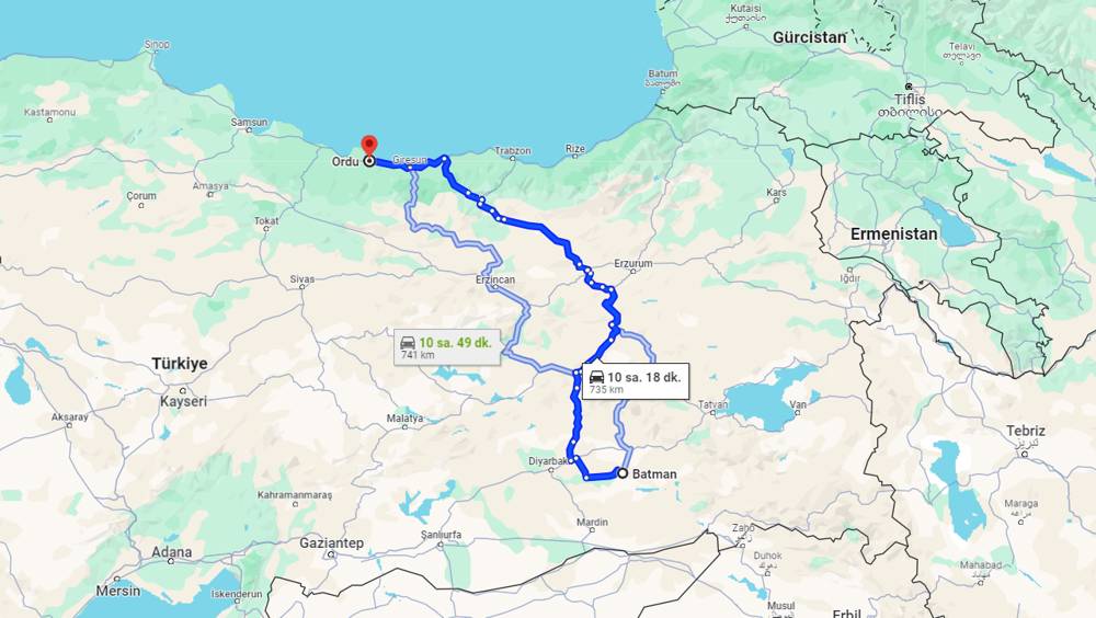 Batman Ordu arası kaç km? Ordu Batman arası kaç saat?