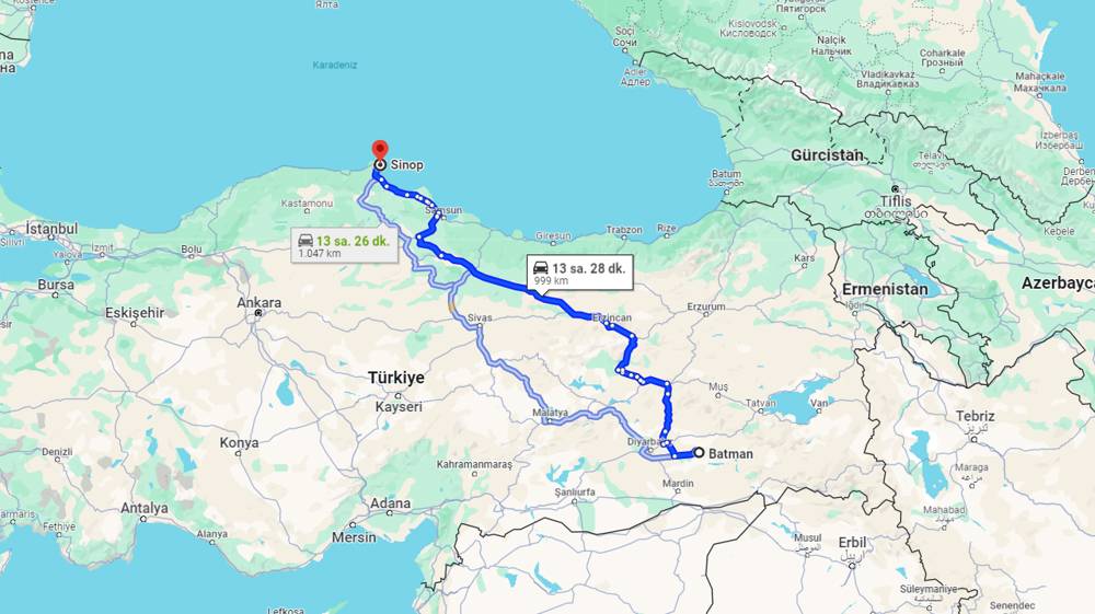 Batman Sinop arası kaç km? Sinop Batman arası kaç saat?
