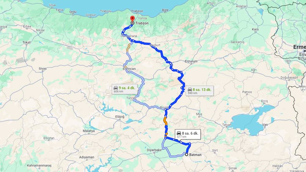 Batman Trabzon arası kaç km? Trabzon Batman arası kaç saat?