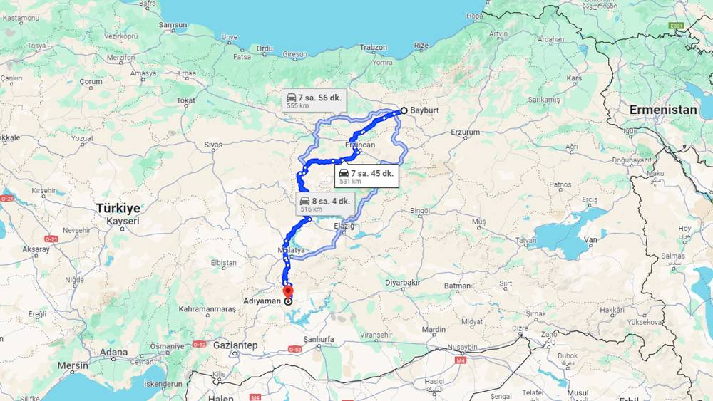 Bayburt Adıyaman arası kaç km? Adıyaman Bayburt arası kaç saat?