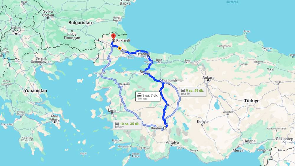 Burdur Kırklareli arası kaç km? Kırklareli Burdur arası kaç saat?