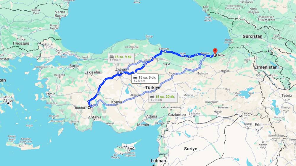 Burdur Rize arası kaç km? Rize Burdur arası kaç saat?