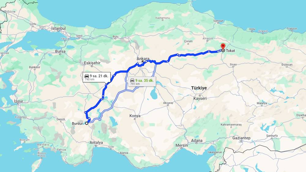 Burdur Tokat arası kaç km? Tokat Burdur arası kaç saat?