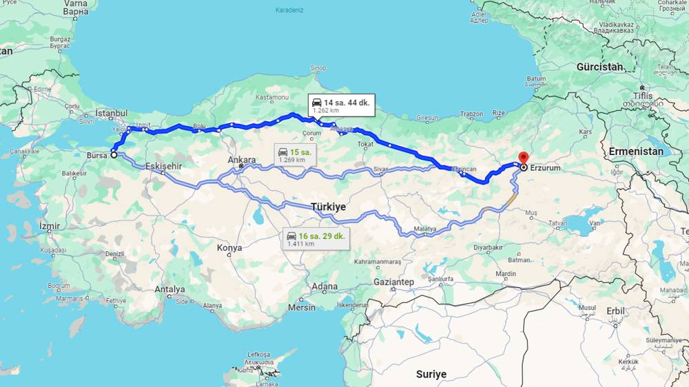 Bursa Erzurum arası kaç km? Erzurum Bursa arası kaç saat?