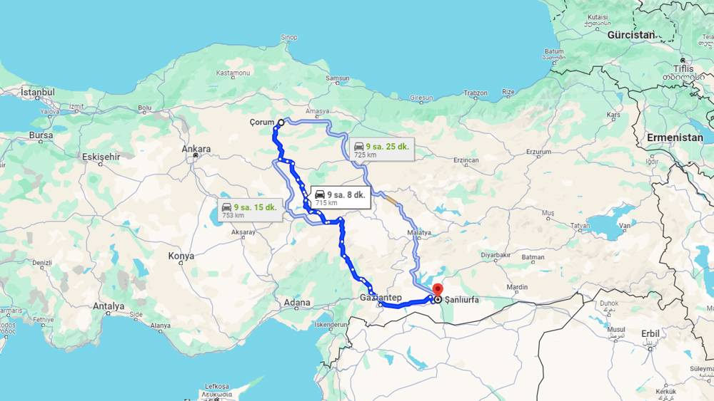 Çorum Şanlıurfa arası kaç km? Şanlıurfa Çorum arası kaç saat?