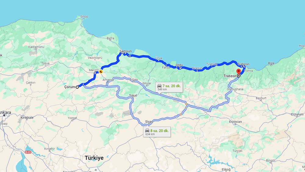 Çorum Trabzon arası kaç km? Trabzon Çorum arası kaç saat?