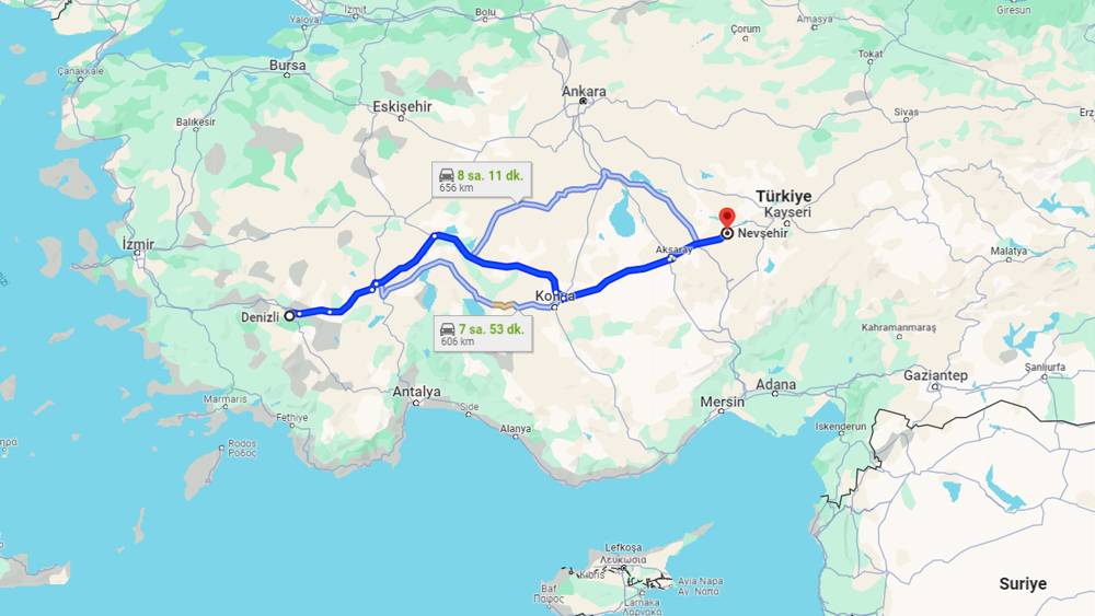 Denizli Nevşehir arası kaç km? Nevşehir Denizli arası kaç saat?