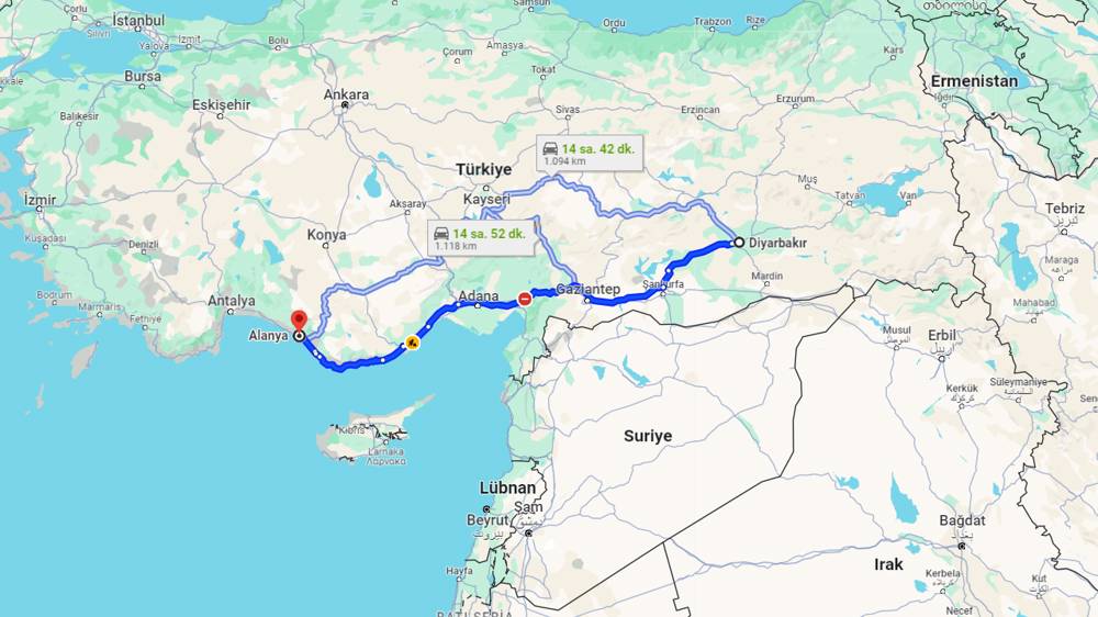 Diyarbakır Alanya arası kaç km? Alanya Diyarbakır arası kaç saat?