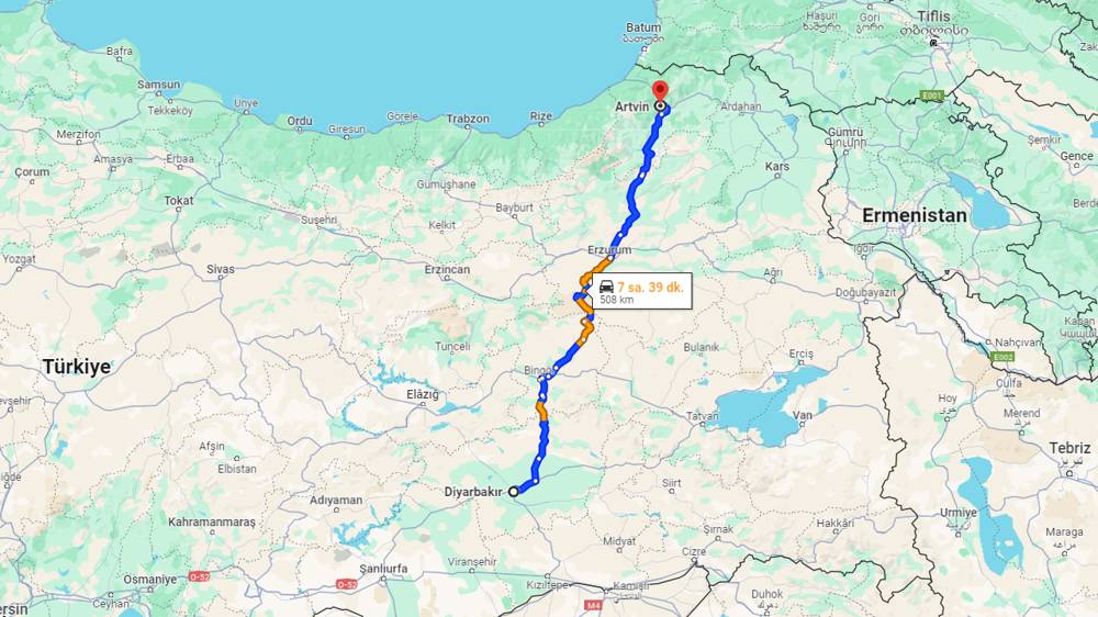 Diyarbakır Artvin arası kaç km? Artvin Diyarbakır arası kaç saat?