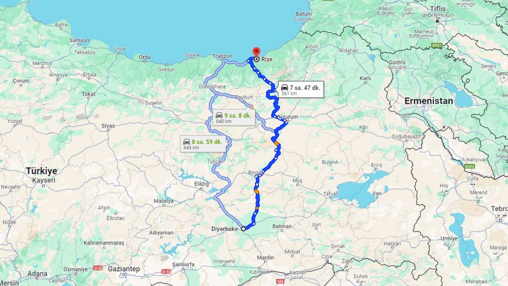 Diyarbakır Rize arası kaç km? Rize Diyarbakır arası kaç saat?