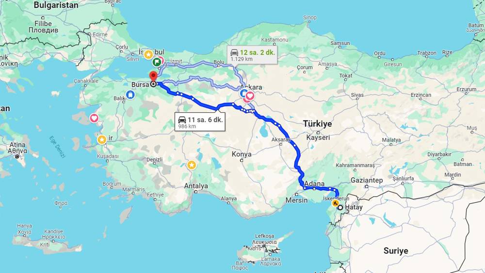 Hatay Bursa arası kaç km? Bursa Hatay arası kaç saat?