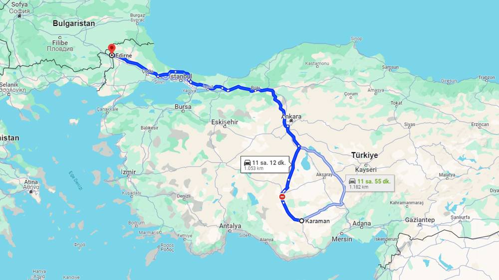 Karaman Edirne arası kaç km? Edirne Karaman arası kaç saat?