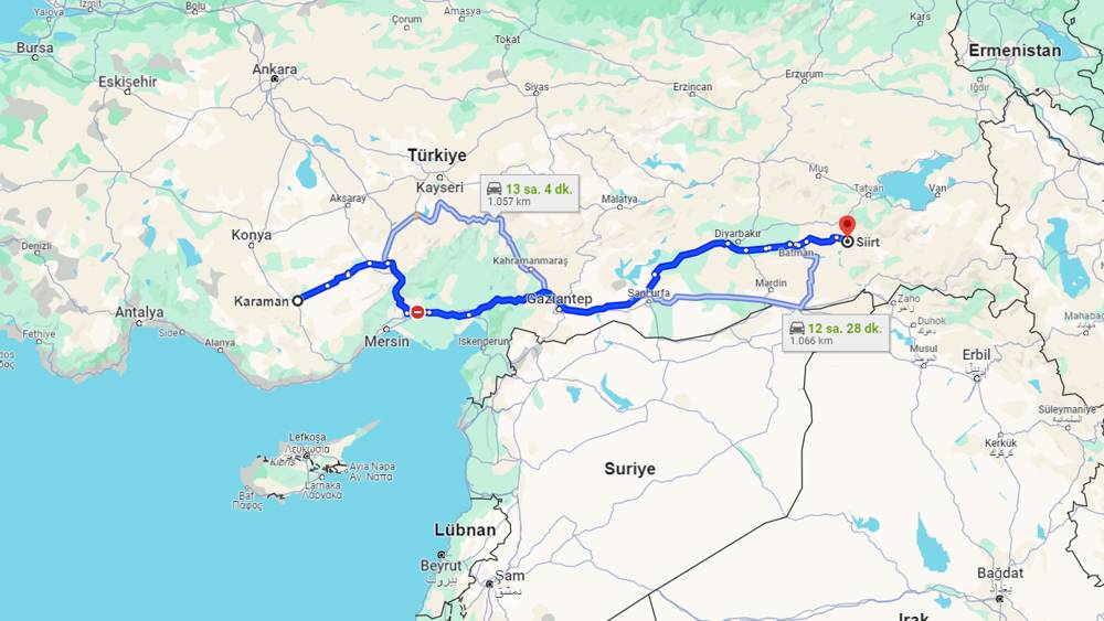 Karaman Siirt arası kaç km? Siirt Karaman arası kaç saat?