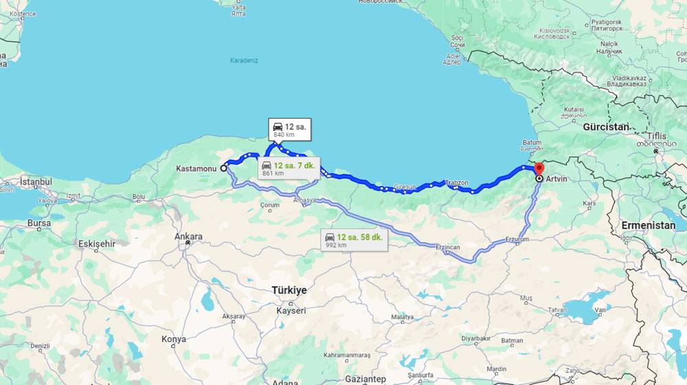 Kastamonu Artvin arası kaç km? Artvin Kastamonu arası kaç saat?