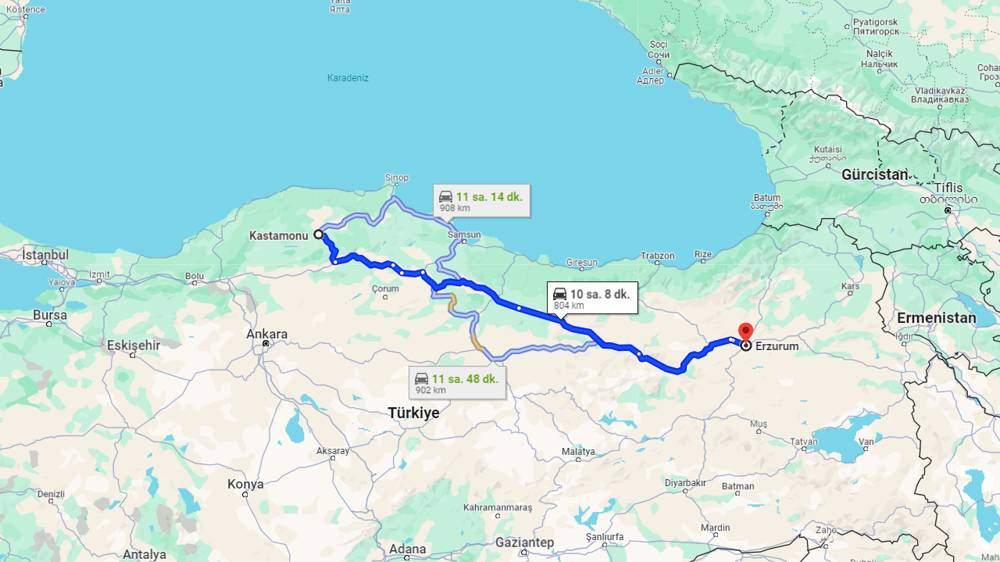 Kastamonu Erzurum arası kaç km? Erzurum Kastamonu arası kaç saat?