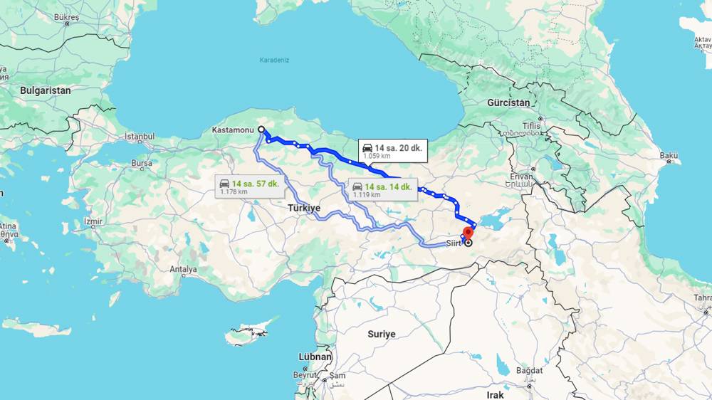 Kastamonu Siirt arası kaç km? Siirt Kastamonu arası kaç saat?