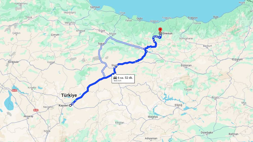 Kayseri Giresun arası kaç km? Giresun Kayseri arası kaç saat?