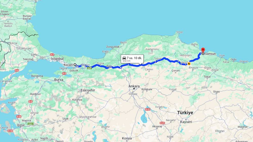 Kocaeli Samsun arası kaç km? Samsun Kocaeli arası kaç saat?