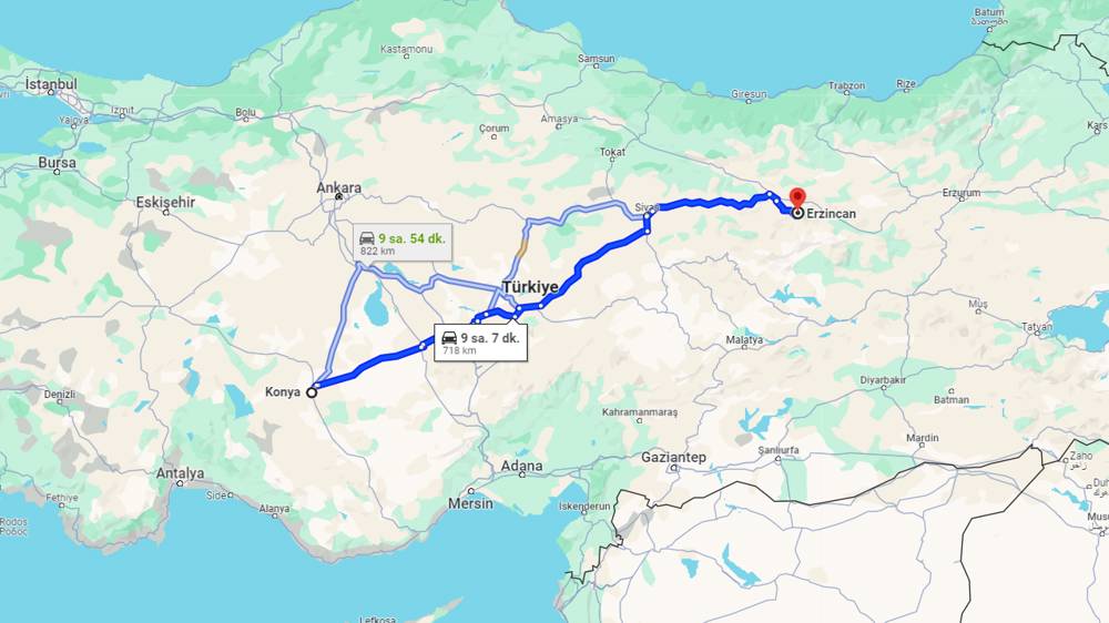 Konya Erzincan arası kaç km? Erzincan Konya arası kaç saat?