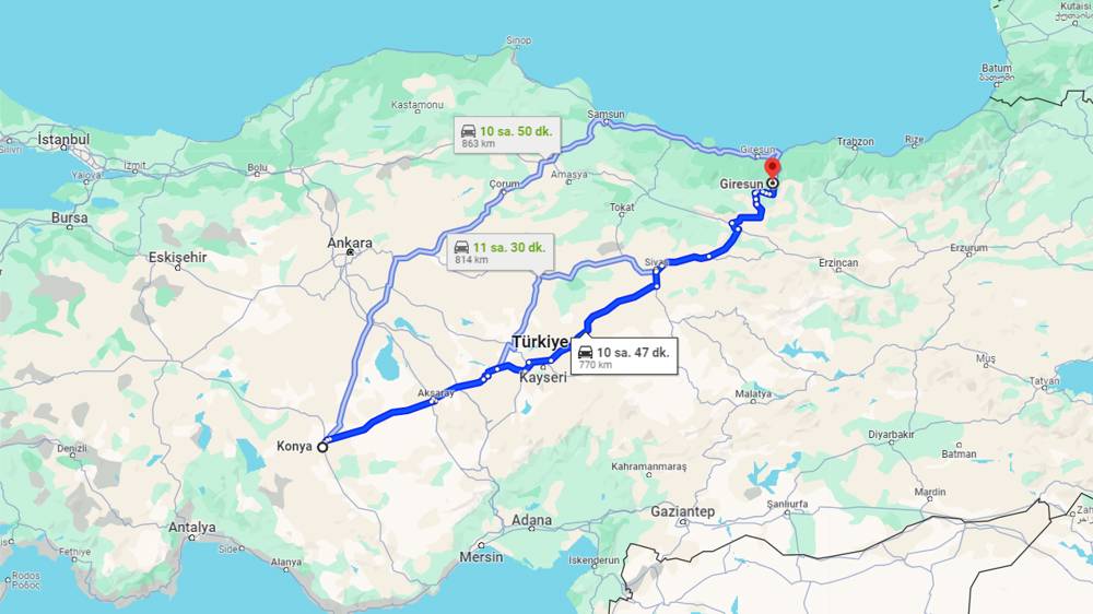 Konya Giresun arası kaç km? Giresun Konya arası kaç saat?