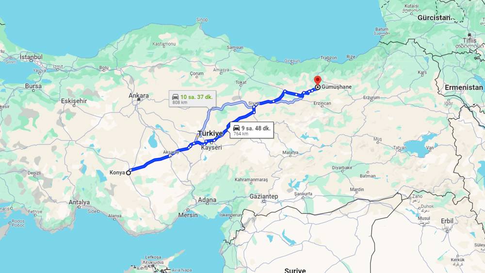 Konya Gümüşhane arası kaç km? Gümüşhane Konya arası kaç saat?