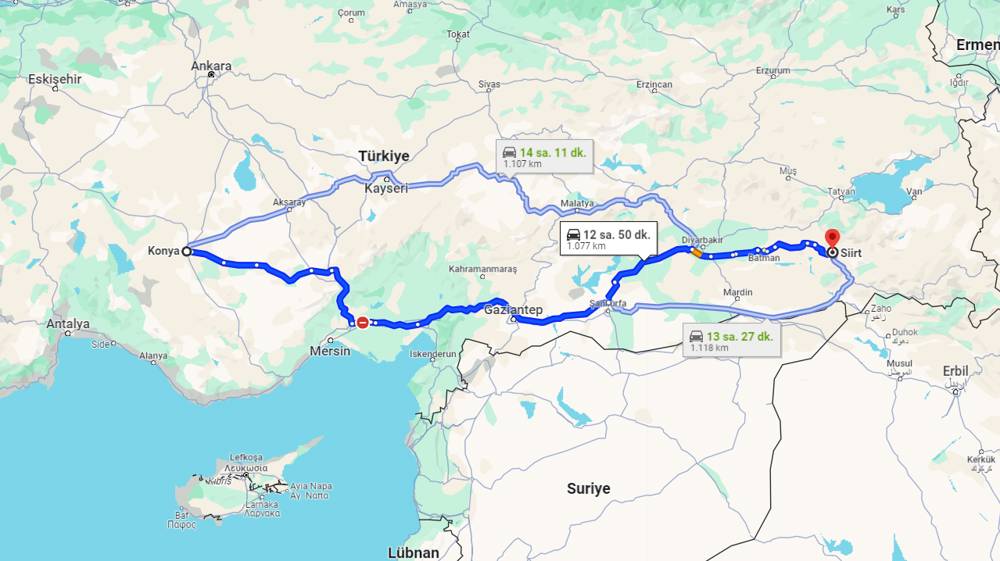 Konya Siirt arası kaç km? Siirt Konya arası kaç saat?