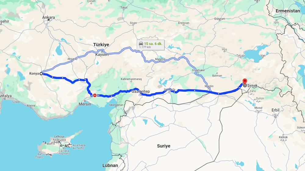 Konya Şırnak arası kaç km? Şırnak Konya arası kaç saat?